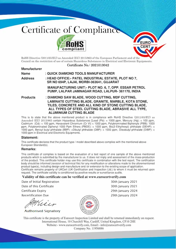 QUICK DIAMOND TOOLS MANUFACTURER- ROHS EUROCERT Final